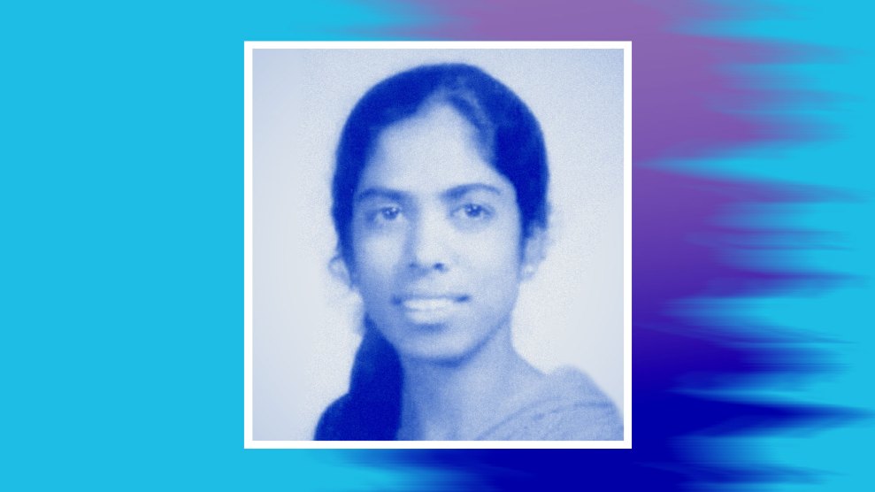 A blue tinted portrait of a woman against a blue and purple gradient background