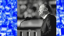 A collage of two photos. One is a black-and-white close up of a man speaking at a podium. The other is tinted blue and shows an enthusiastic crowd holding up signs that say "DOUG."