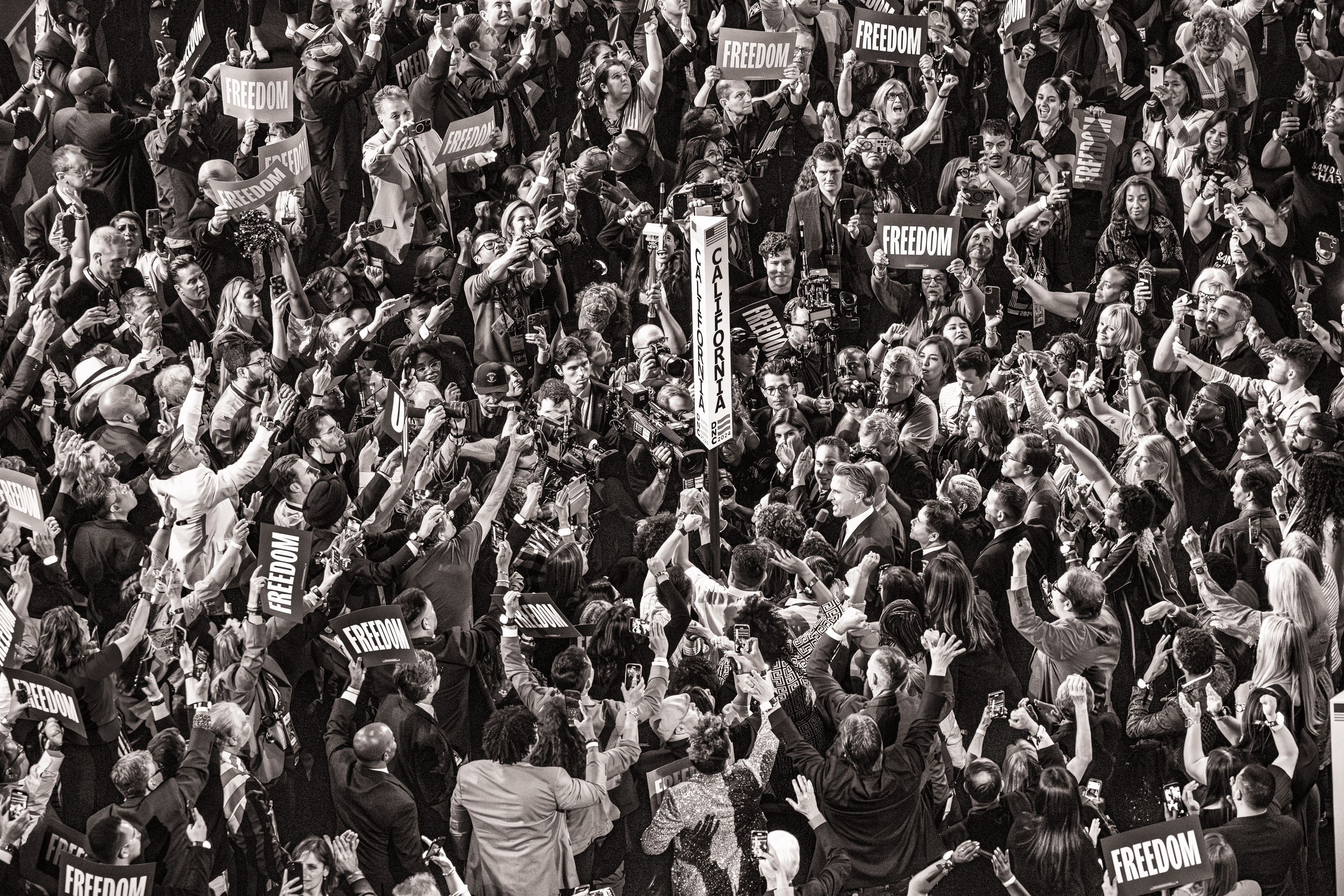 Black and white photo of the California delegation at the DNC.