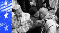 Photo collage with blue and white stars on the left and a black and white image of Representative Ilhan Omar hugging a pro-Palestinian protestor outside the DNC.