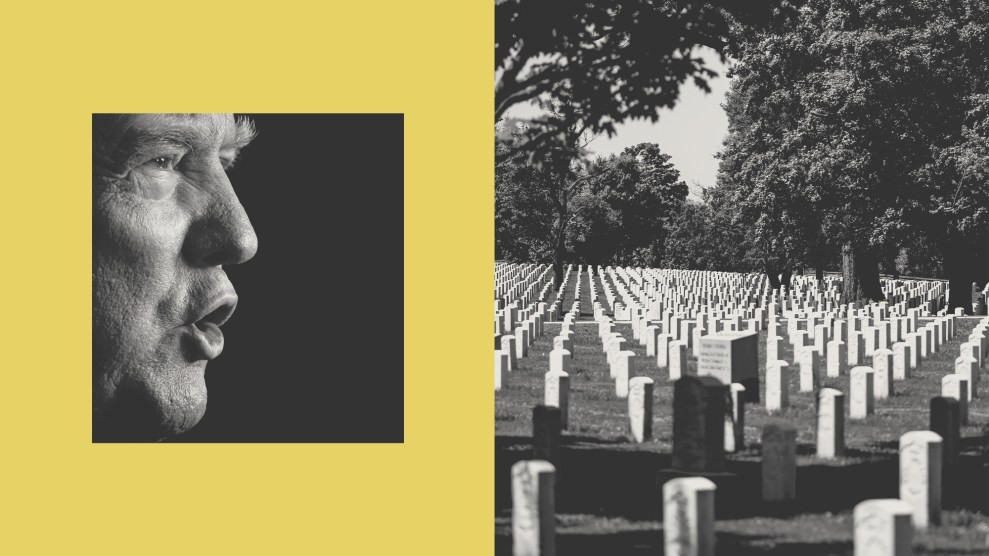 A diptych showing the face of Donald Trump during his speech in a narrow frame on the left and the many rows of gravestones of Arlington National Cemetery on the right.