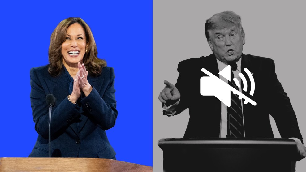 Photo collage featuring Kamala Harris and Donald J. Trump. Trump has a mute symbol over him.