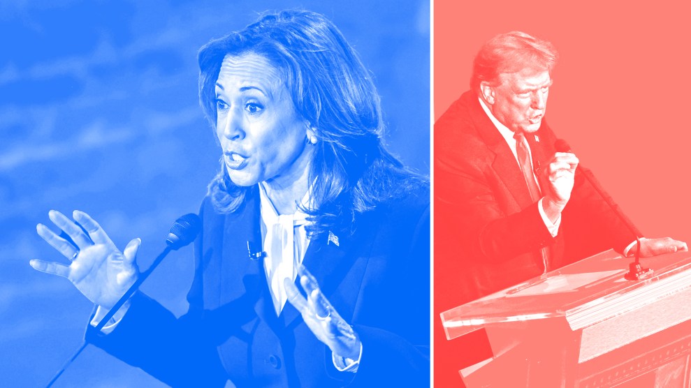 A composite image of Kamala Harris with a blue tint on the left, and Donald Trump with a red tint on the right.