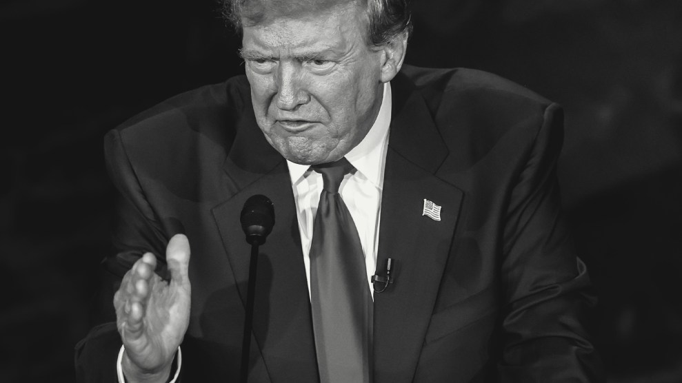 A black and white photo of Donald Trump