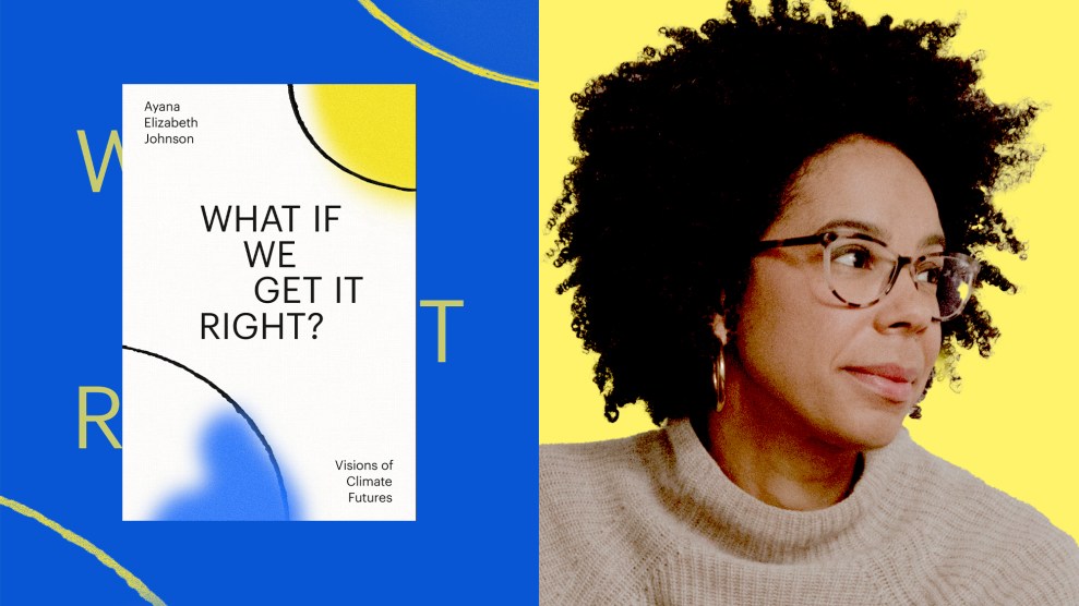 A diptych of the book cover "What If We Get It Right?" and the author, Ayana Elizabeth Johnson