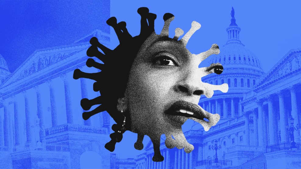 A collage featuring U.S. Representative Ilhan Omar’s face combined with the silhouette of a spiky virus, symbolizing Covid-19. The background shows blue-toned images of the U.S. Capitol building.