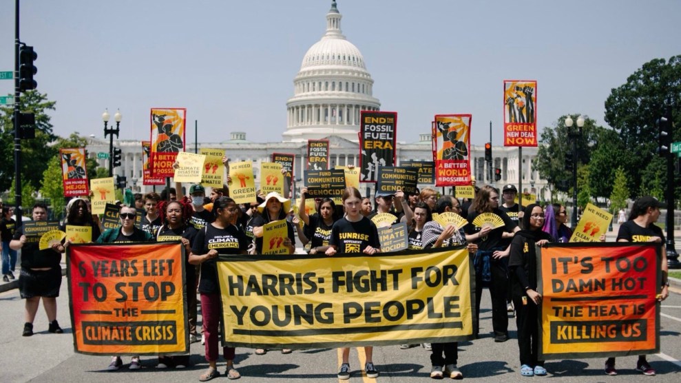 A group of protestors stand with signs along a street with the capitol building behind them.