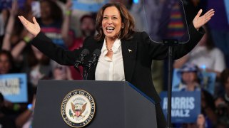 Kamala Harris smiling onstage