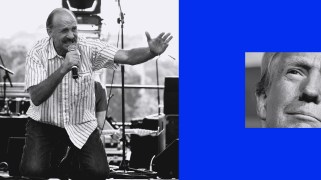 An image pairing that features Lou Engle on stage on his knees, left hand outstretched, microphone in right hand as he utters prayers. On the right side of the pairing is a smaller, but tightly cropped image of the face of Donald Trump looking to our left at Engle. The smaller image of Donald Trump is set against a blue background.