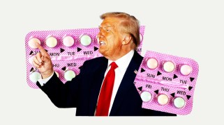 A cutout of the upper body of Donald Trump, in a suit with red tie, looking to our left, pointing with his right hand. He's placed between a purple strip of contraceptive pills that has been torn in two.