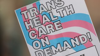 A sign with the pink, blue, and white stripes of the transgender pridge flag reads: "Trans health care on demand!"