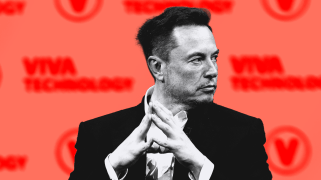 An image of Elon Musk in black and white, against a red tinted background. His head is turned to our right, his hands are brought together in the steepling position.