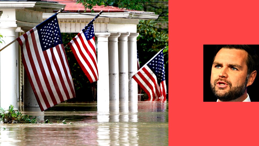 A diptych of flooding, left, and and a closely cropped image of JD Vance's face on the right.