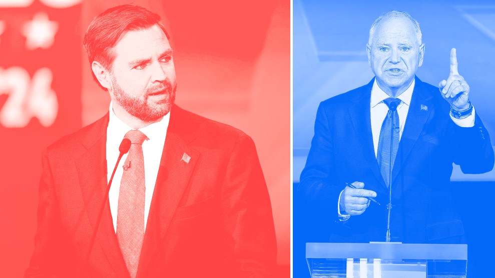 A diptych of JD Vance in a red monochrome, and Tim Walz in a blue monochrome. Walz is speaking and Vance appears to be leaning in and listening with a bit of surprise on his face.