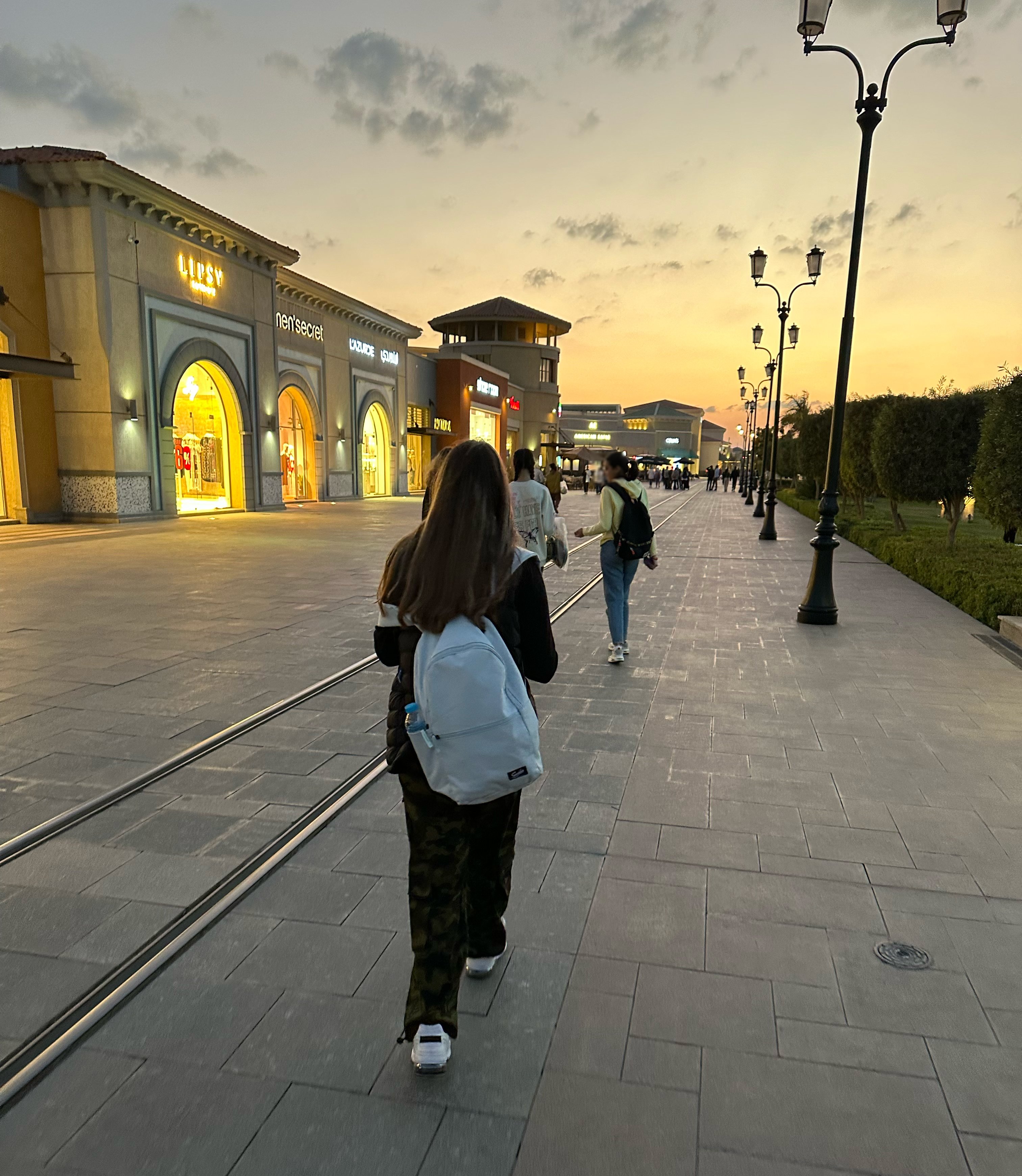 Girls are shown from behind, walking along a wide shopping arcade.