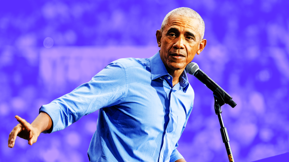 Barack Obama speaks at the podium against a stylized purple background