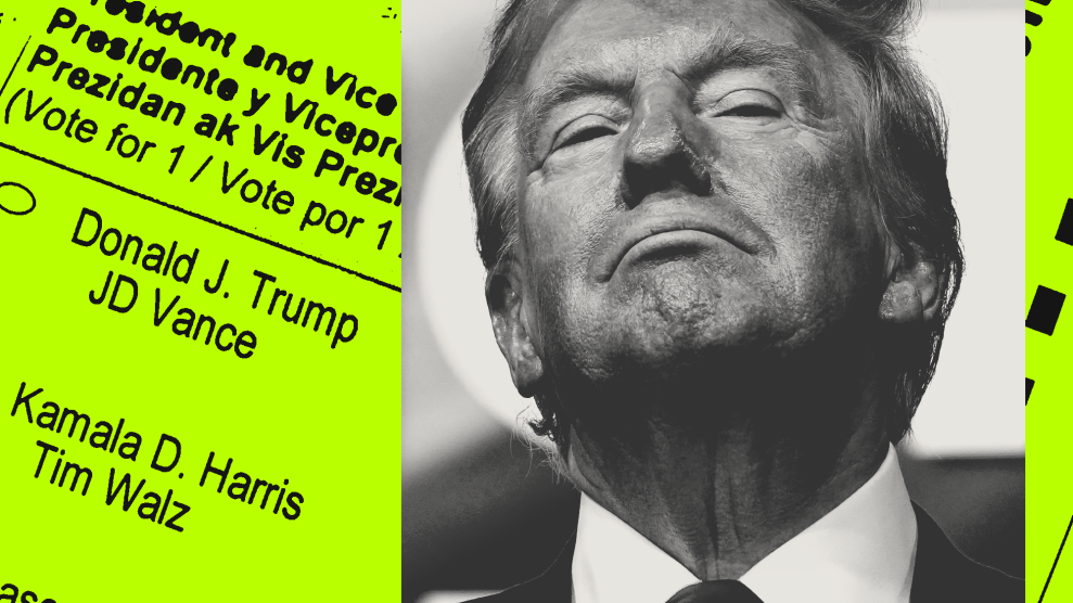 A black-and-white photo of Donald Trump looking toward the camera with head tilted back and a slight smirk on his face. The photo overlays a ballot that places the names Donald J. Trump and JD Vance above the names Kamala D. Harris and Tim Walz