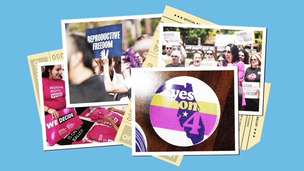 A collage with photos of pro-reproductive rights photos mixed with election ballots