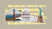 A collage featuring clipped out images of the Golden Gate Bridge, the Statue of Liberty, and the US Capitol Building