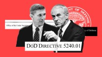 A collage of Michael Flynn and Ron Paul, both wearing suits, overlaying snippets of the Department of Defense's directive 5240.01