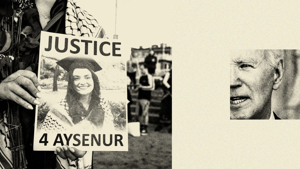 A dyptich that pairs an image on the far left of someone at a vigil for Aysenur Ezgi Eygi, holding a picture of her that reads "Justice 4 Aysenur." On the right is a smaller, closely cropped image of the face of Joe Biden.