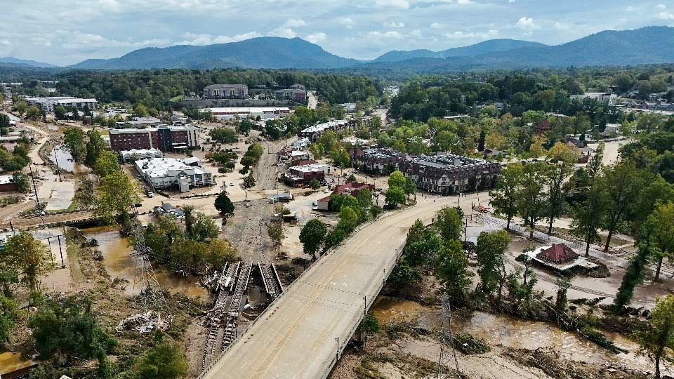 An aerial shot of Asheville debris after the hurricane.