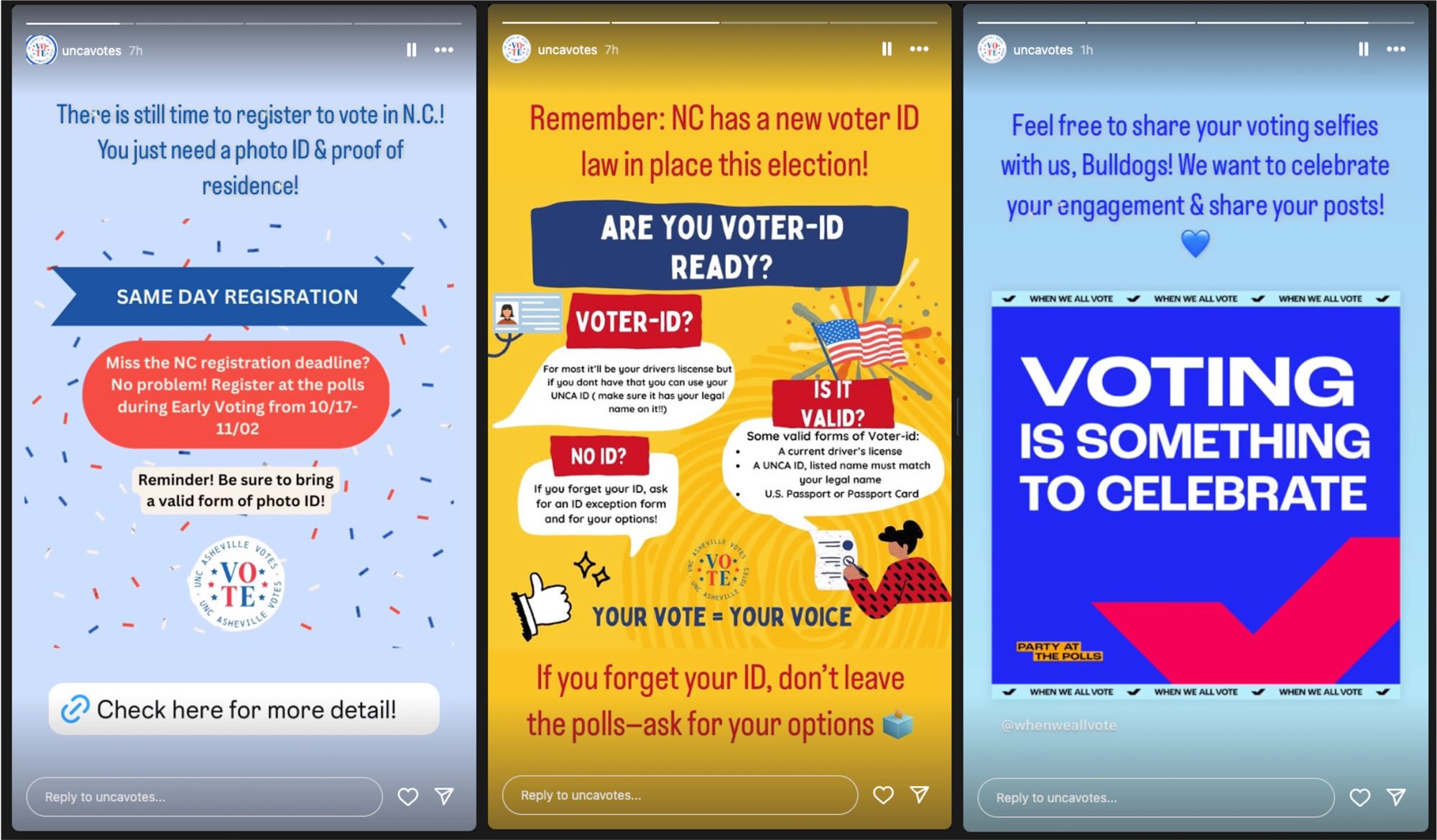 Three Instagram Stories tiles with blue and yellow posters