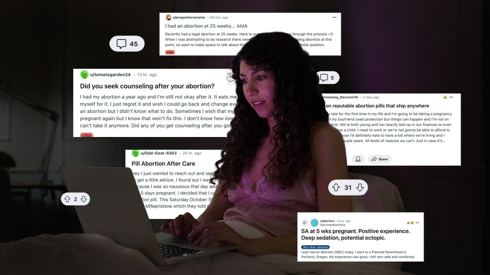 A young woman works on her laptop from bed; surrounding her are various posts from r/abortion reddit page.