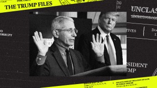 A black-and-white photo of Donald Trump with Anthony Fauci. A yellow-green frame at the top reads "The Trump Files"