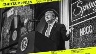 A black-and-white photo of Donald Trump. A yellow-green frame at the top reads "The Trump Files"