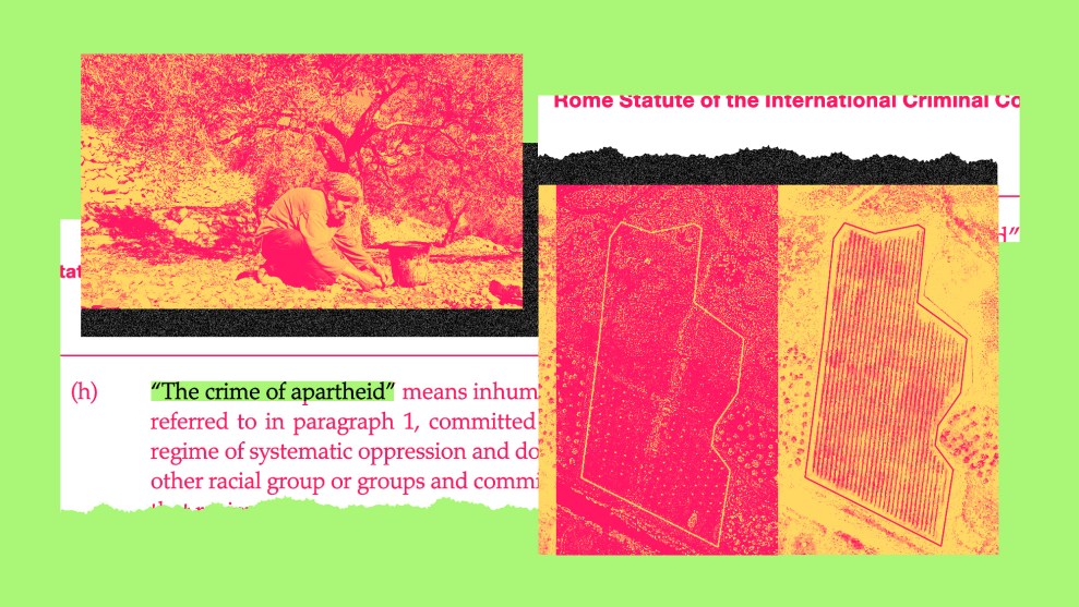 A collage on a bright green background. On the left, an image in red and yellow tones depicts a person crouched under an olive tree, working on rocky ground. To the right, another red and yellow-toned image shows an abstract, map-like shape with sharp edges and lines, possibly representing divided territories or sections. Below these images, part of a document is visible, with text from the Rome Statute of the International Criminal Court. The words “The crime of apartheid” are highlighted in green, with the following sentence discussing systematic oppression. The document and images are arranged with torn edges for a layered, textured effect.