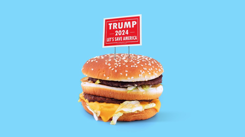 A photo illustration of a burger with a "Trump 2024" lawn sign sticking in the top bun