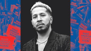 A black and white photo of Andrés García looking directly at the camera. Bordered on each side is a scene from the RNC where a crowd of Trump supporters hold up "MASS DEPORTATION" signs.