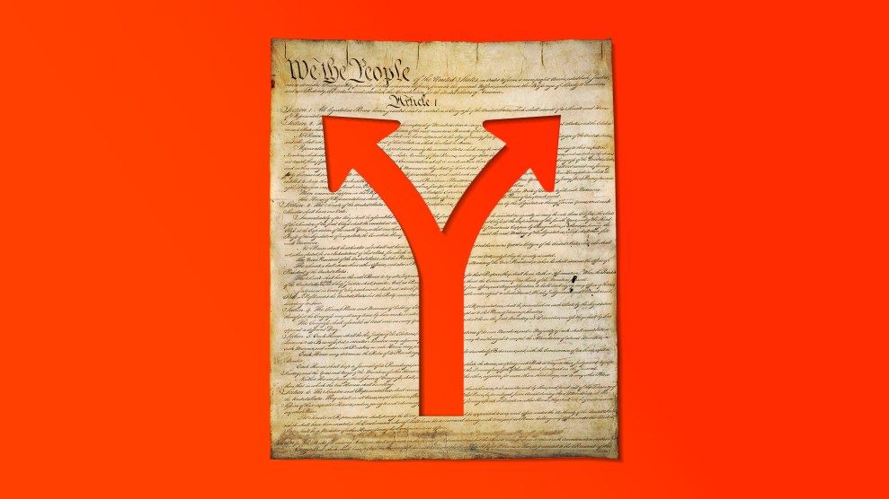 A photo illustration of the Constitution with a split road ahead symbol cut out of the middle. The cut out shape has one line at the bottom splitting into two arrows going in different directions at the top.