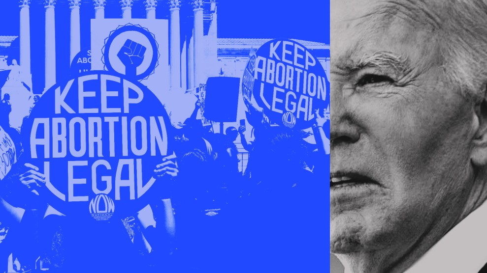 A collage that pairs abortion rights activists, left, and a tightly cropped image of the face of Joe Biden. The image of the activists is in a dark monochrome blue. Biden's image is black and white.