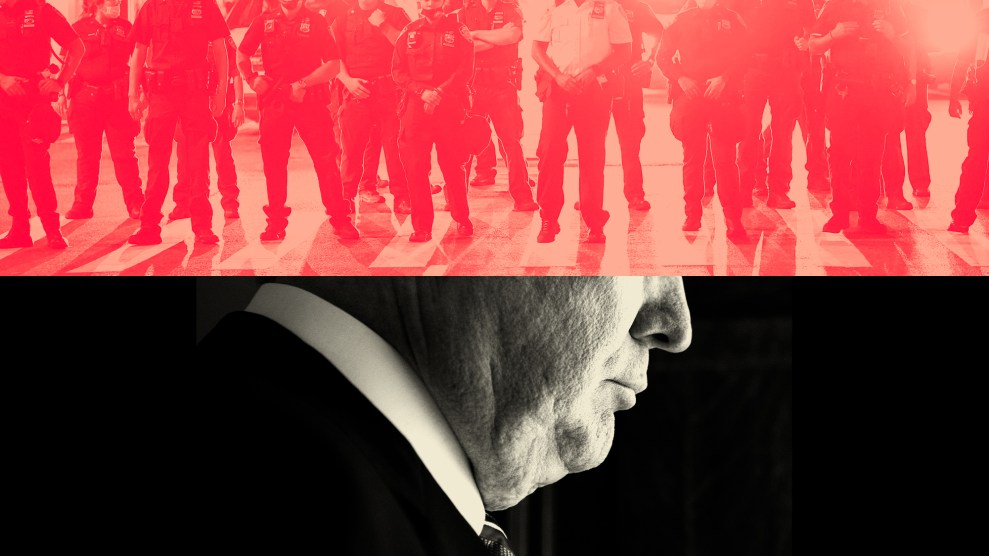 A collage of two halves. At the top, police and armed guards, bathed in a red gradient, form a line. In the lower half of the image, an image of Donald Trump in profile, cropped from the middle of his nose to the just below the top of his tie.