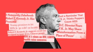 A collage that centers a profile portrait of RFK Jr. in black and white. Around him are headlines, some of which read: "Trump promises to let RFK Jr. 'go wild' on health;" "RFK Jr.'s views on HIV, LGBTQ health raise concerns;" "Just a Reminder that RFK Jr. Thinks Poppers Cause AIDS"