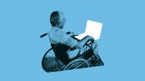 A blue tinted photo of a man in a wheelchair with a computer in his lap. The shape of where the computer should be is filled in with a white shape, as if it's been cut out of the image.