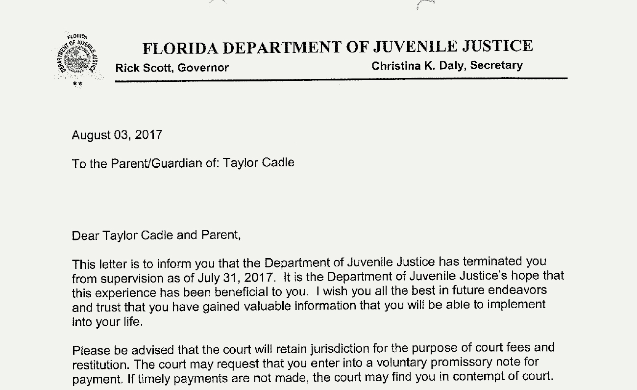 Clipping of letter from the Florida Department of Juvenile Justice.