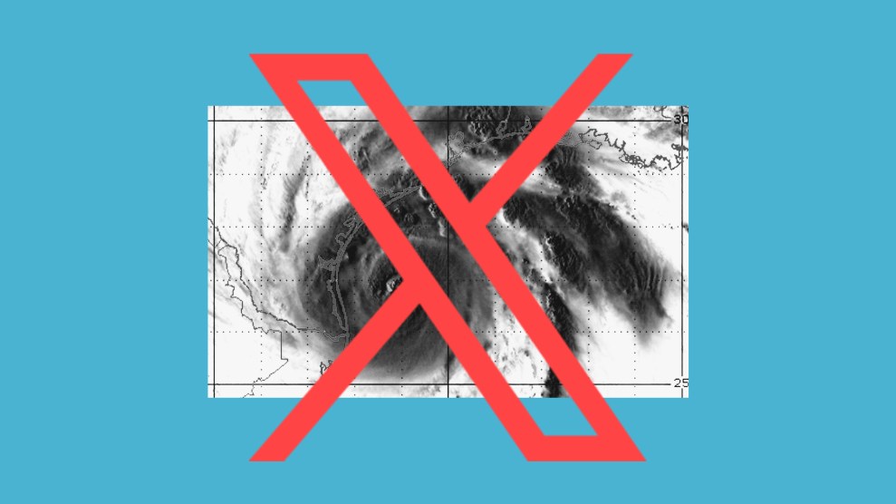 The X logo in red overlaying a satellite image of a hurricane that's in stark black and white.