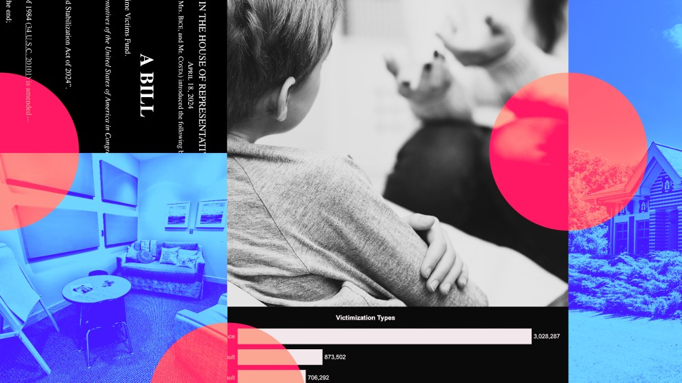 A collage addressing child abuse and support services. A black-and-white image of a child listening to an adult is paired with a blue-tinted photo of a therapy room and a suburban house. A legislative document references victim services, and a bar chart highlights the prevalence of victimization. Bright red and blue overlays tie the visuals together.