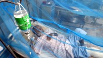 A person lies on a bed in a hospital. They are obscured by blue mosquito nets.