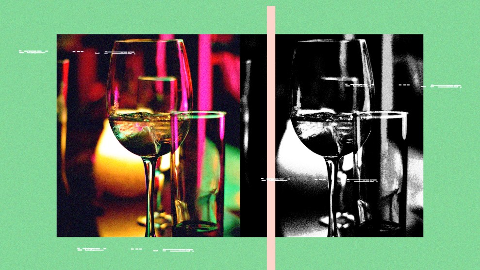 An image of a wine glass and high ball glass in color beside an image of a wine glass and high ball glass in stark black and white.