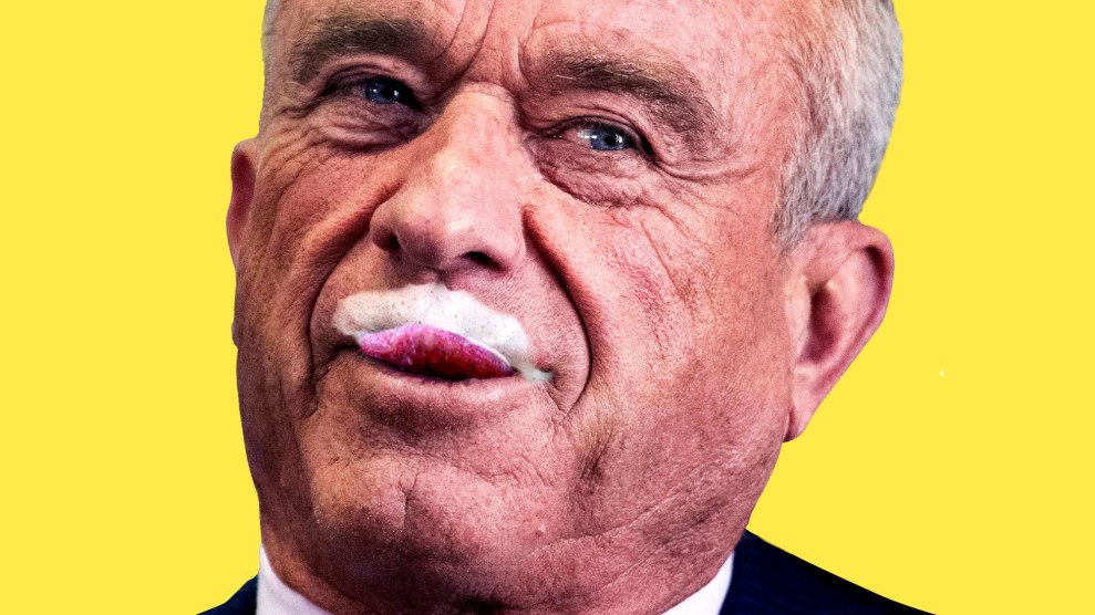 A photo illustration of RFK Jr.'s face against a yellow background, as he licks his upper lip, which has a milk mustache.