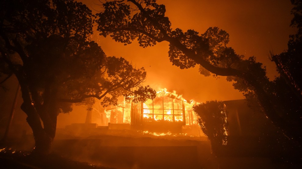 shadows of trees frame a bright orange ball, engulfing a house