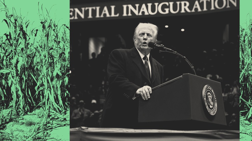 Photo collage of President Trump speaking at a podium to a large indoor crowd at his inauguration; to his left and to his right is a cornfield.