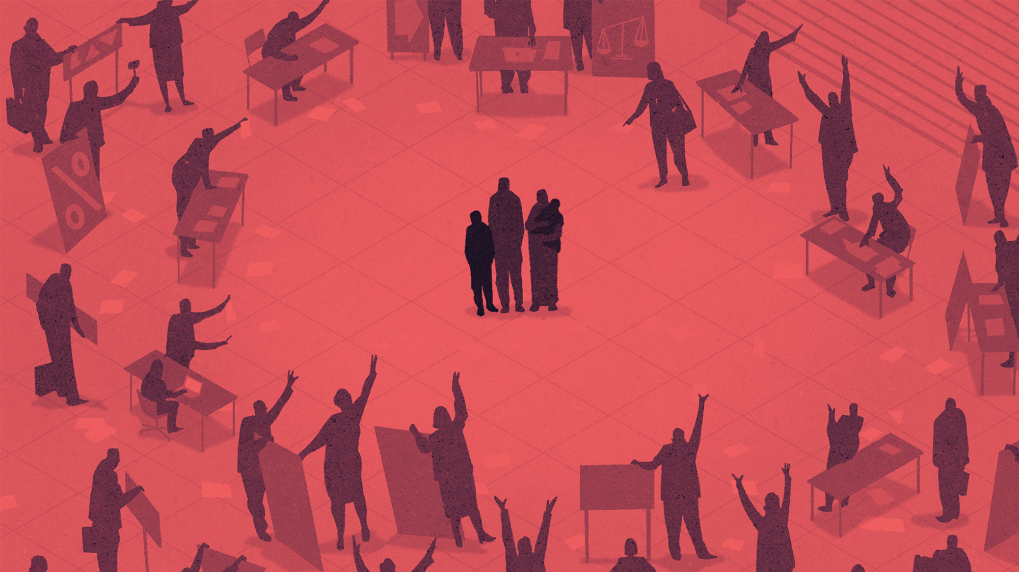 In a red-tinted illustration, a group of four people is encircled by others at tables, who are raising their hands as though to get their attention.