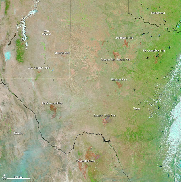 Wildfires in Texas as of 30 April 2011. At this point more than two million acres/809,371 hectares had already burned. :  Jesse Allen/NASA Earth Observatory