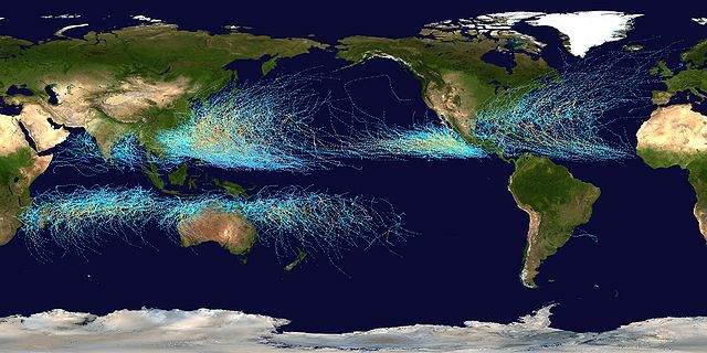 Tracks of all tropical cyclones worldwide from 1985 to 2005. : Credit: NASA, Nilfanion, via Wikimedia Commons.