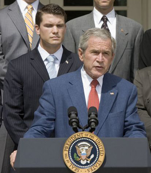 Pete Hegseth: The Vets for Freedom backs up President Bush in the White House Rose Garden on July 20, 2007. / White House photo by Joyce N. Boghosian